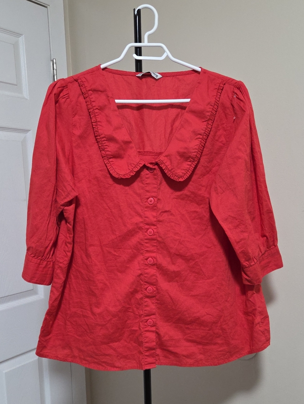 LC Waikiki Red Button-Front Blouse with Ruffle Peter Pan Collar